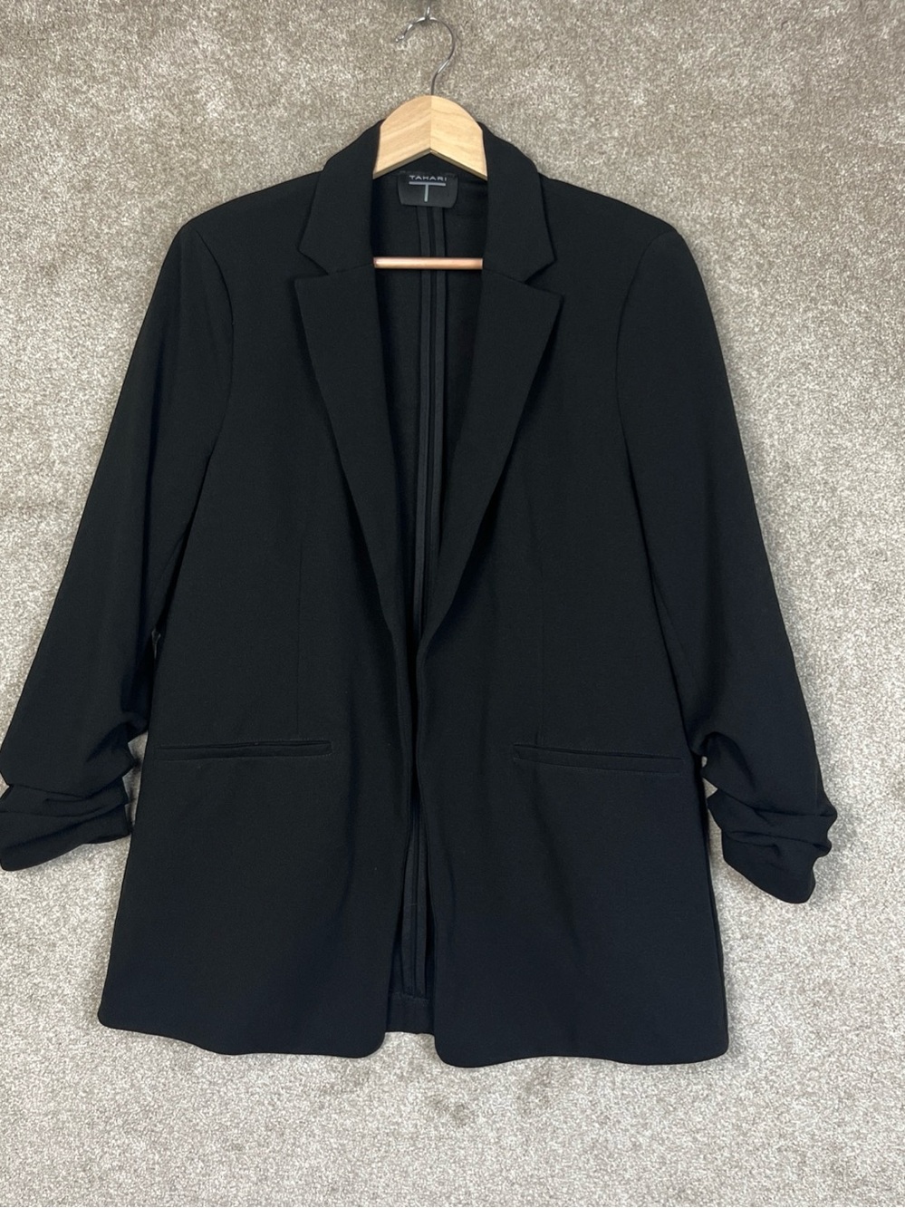T Tahari Jacket Womens Large Black Stretch Open Front 3/4 Sleeve Blazer- 5383